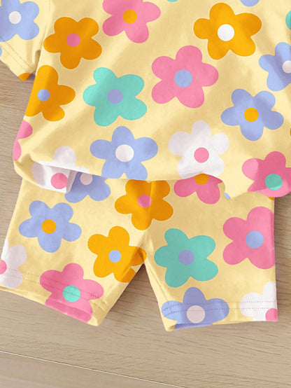 2Pcs Young Girl Casual Simple Short Sleeve Top and Shorts Set, Suitable for Summer