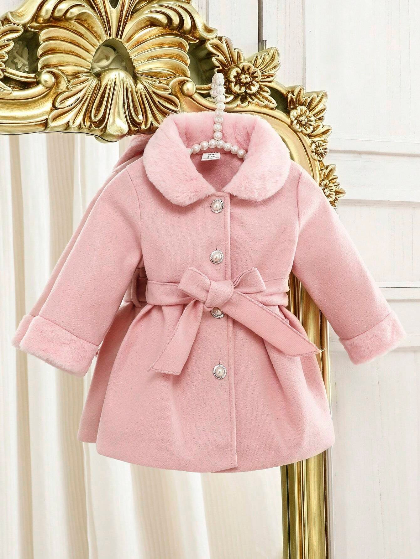 SHEIN Baby Girl Borg Collar Belted Coat