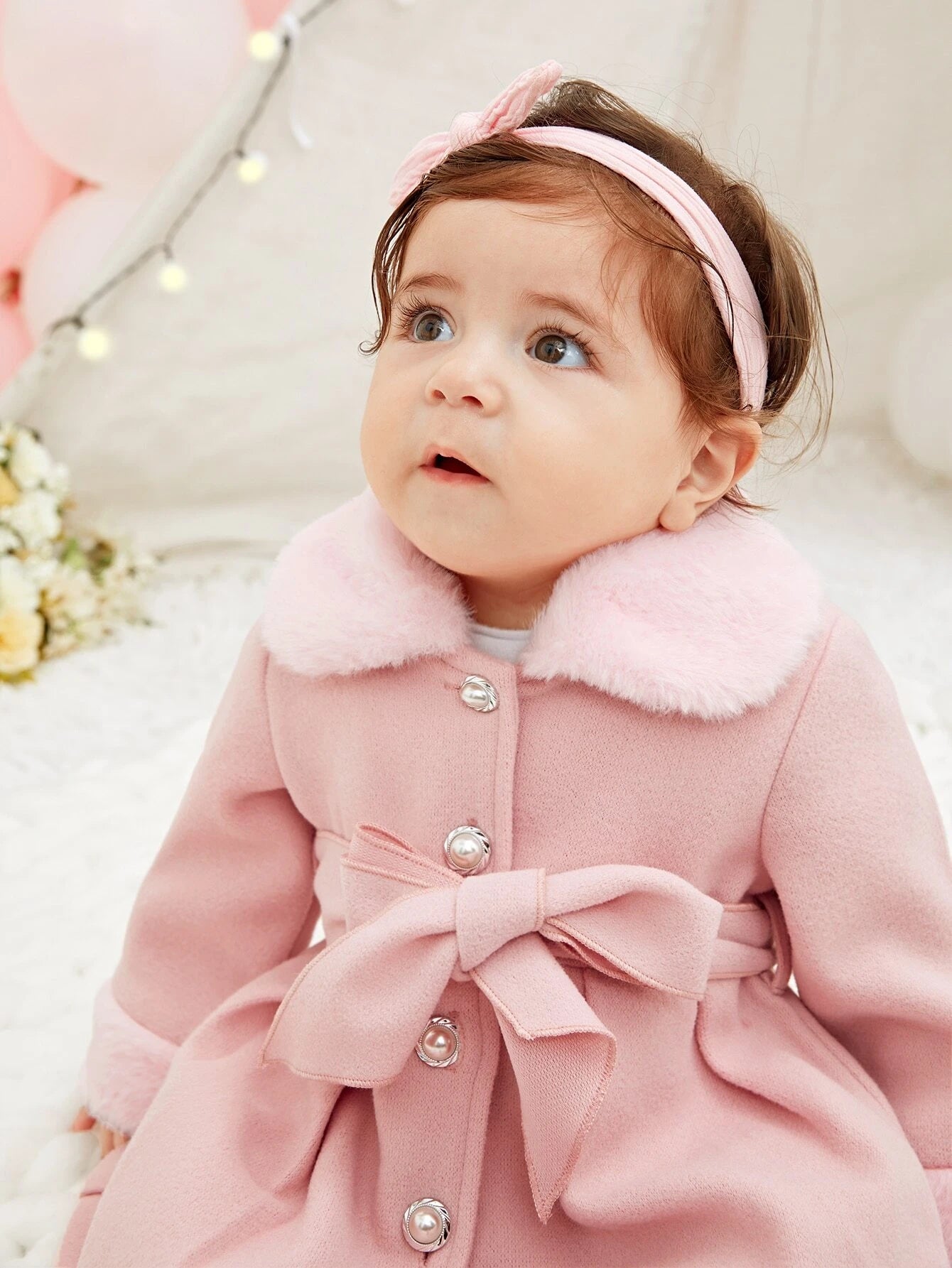 SHEIN Baby Girl Borg Collar Belted Coat