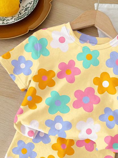 2Pcs Young Girl Casual Simple Short Sleeve Top and Shorts Set, Suitable for Summer