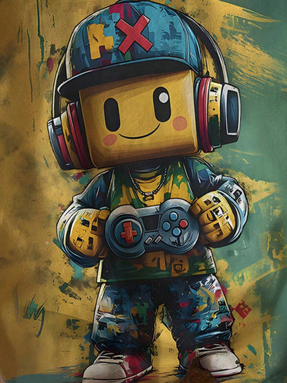 Graphicgems Young Boys' Casual Creative Cartoon Game Console Pixel Man Print Short Sleeve Basic T-Shirt, Sibling Outfits Matching Outfits (2 Pieces Sold Separately) Boy T Shirt Youth Boys Shirt Young Boys T Shirts Young Teen Boys Teen Boy Clothes T Shirt
