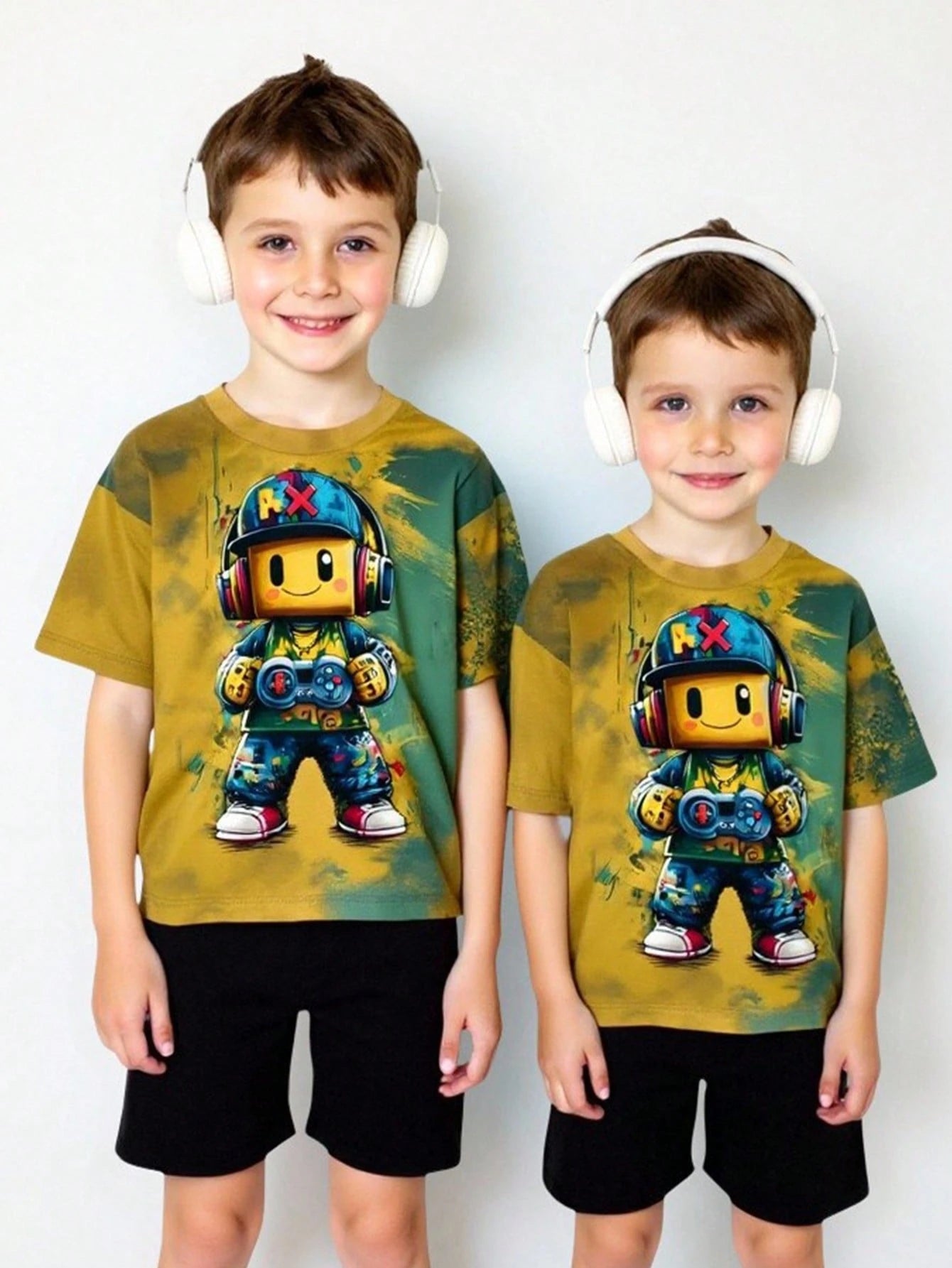 Graphicgems Young Boys' Casual Creative Cartoon Game Console Pixel Man Print Short Sleeve Basic T-Shirt, Sibling Outfits Matching Outfits (2 Pieces Sold Separately) Boy T Shirt Youth Boys Shirt Young Boys T Shirts Young Teen Boys Teen Boy Clothes T Shirt