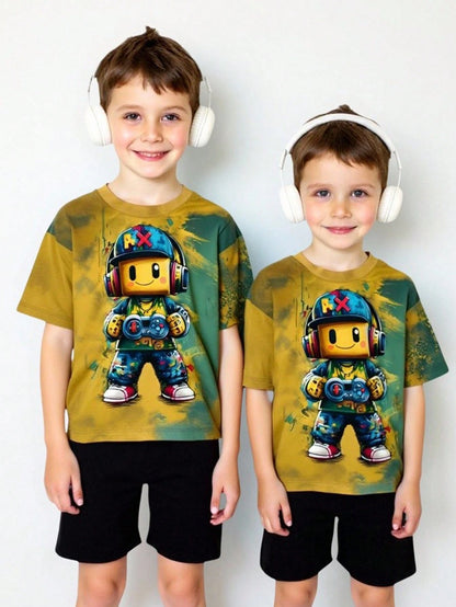 Graphicgems Young Boys' Casual Creative Cartoon Game Console Pixel Man Print Short Sleeve Basic T-Shirt, Sibling Outfits Matching Outfits (2 Pieces Sold Separately) Boy T Shirt Youth Boys Shirt Young Boys T Shirts Young Teen Boys Teen Boy Clothes T Shirt