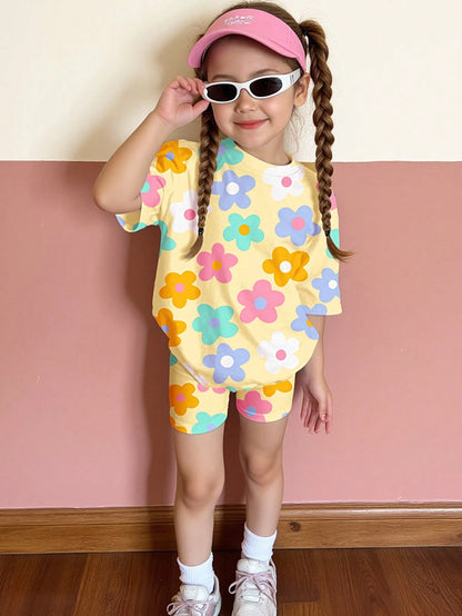 2Pcs Young Girl Casual Simple Short Sleeve Top and Shorts Set, Suitable for Summer