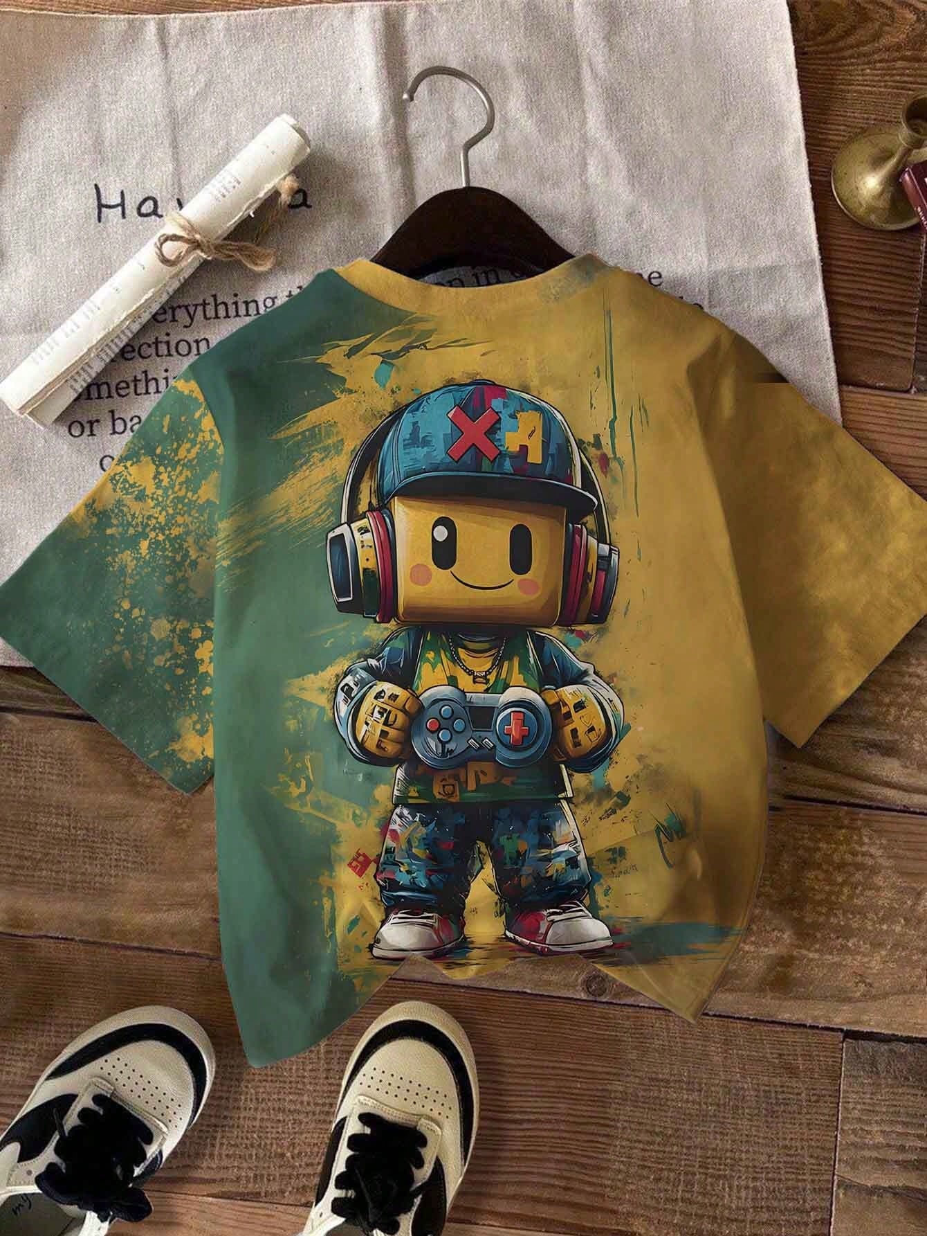 Graphicgems Young Boys' Casual Creative Cartoon Game Console Pixel Man Print Short Sleeve Basic T-Shirt, Sibling Outfits Matching Outfits (2 Pieces Sold Separately) Boy T Shirt Youth Boys Shirt Young Boys T Shirts Young Teen Boys Teen Boy Clothes T Shirt