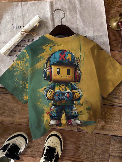 Graphicgems Young Boys' Casual Creative Cartoon Game Console Pixel Man Print Short Sleeve Basic T-Shirt, Sibling Outfits Matching Outfits (2 Pieces Sold Separately) Boy T Shirt Youth Boys Shirt Young Boys T Shirts Young Teen Boys Teen Boy Clothes T Shirt
