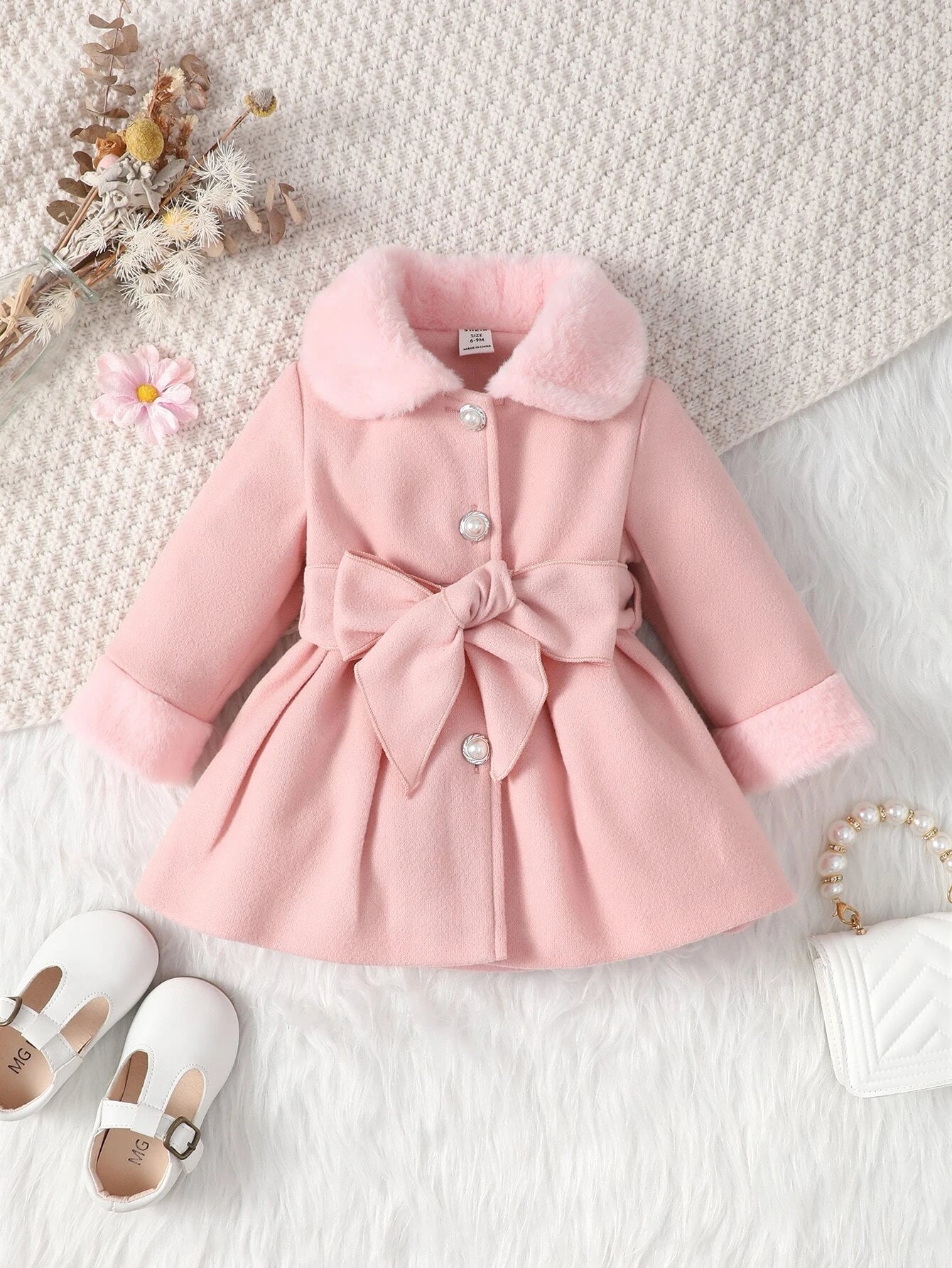 SHEIN Baby Girl Borg Collar Belted Coat