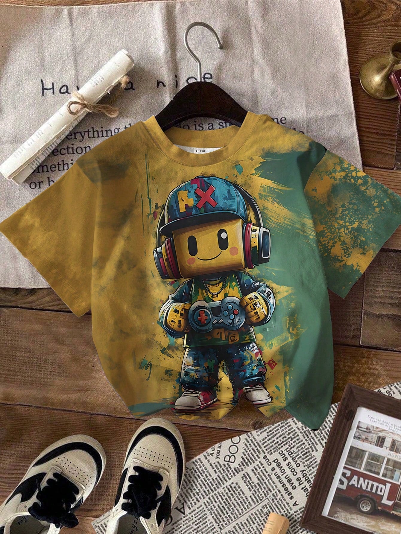 Graphicgems Young Boys' Casual Creative Cartoon Game Console Pixel Man Print Short Sleeve Basic T-Shirt, Sibling Outfits Matching Outfits (2 Pieces Sold Separately) Boy T Shirt Youth Boys Shirt Young Boys T Shirts Young Teen Boys Teen Boy Clothes T Shirt