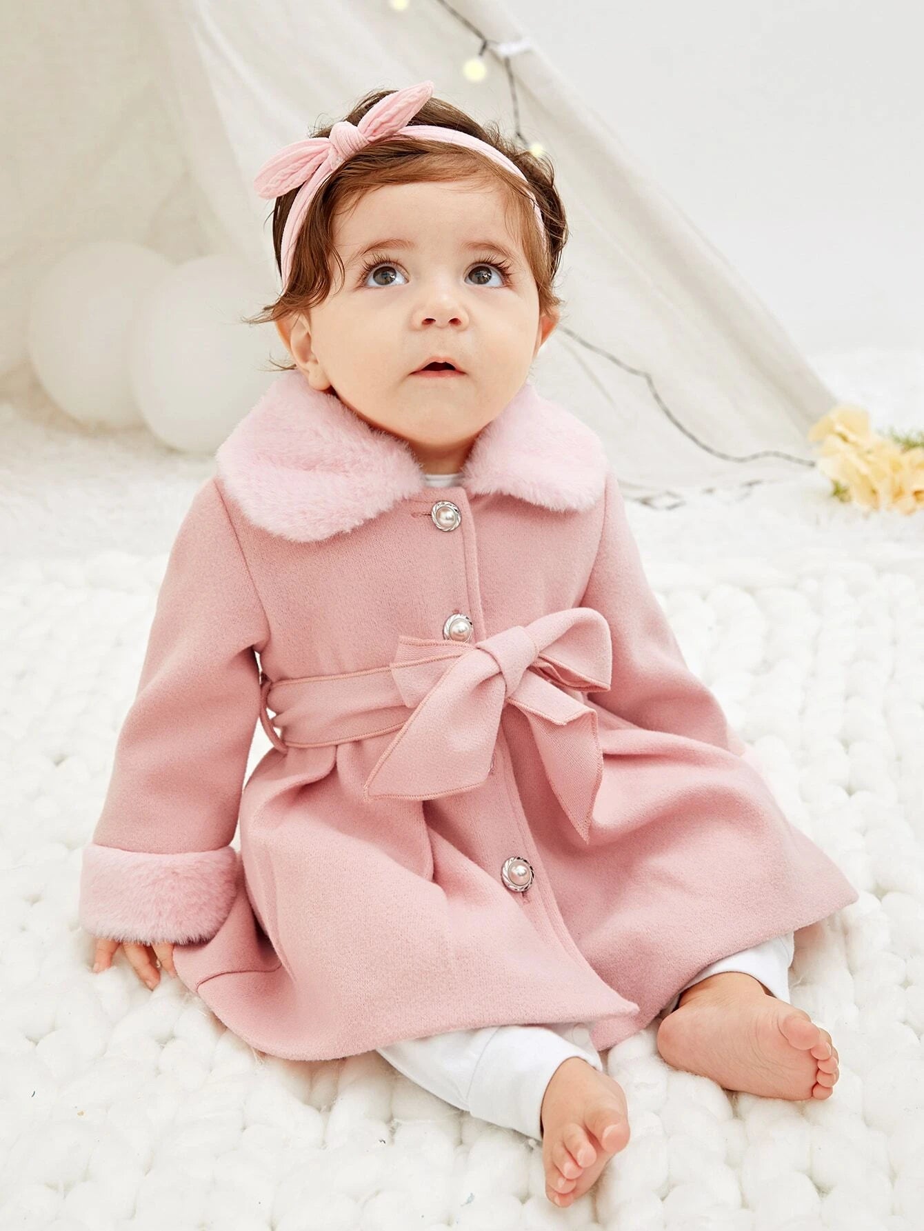 SHEIN Baby Girl Borg Collar Belted Coat