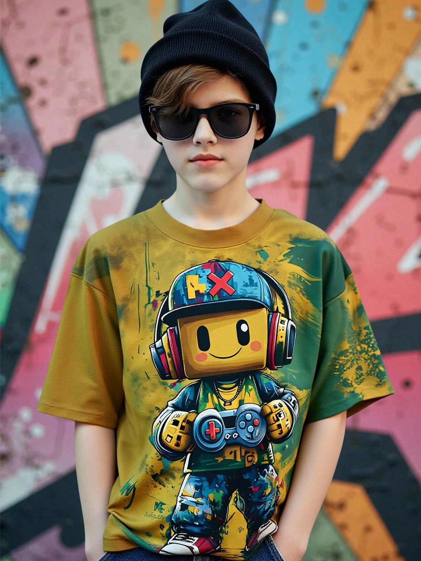 Graphicgems Young Boys' Casual Creative Cartoon Game Console Pixel Man Print Short Sleeve Basic T-Shirt, Sibling Outfits Matching Outfits (2 Pieces Sold Separately) Boy T Shirt Youth Boys Shirt Young Boys T Shirts Young Teen Boys Teen Boy Clothes T Shirt